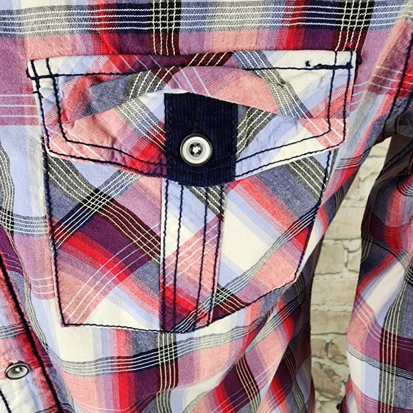 John Lennon for English Laundry Plaid Button Front Shirt Red Blue Size Large - Picture 7 of 14